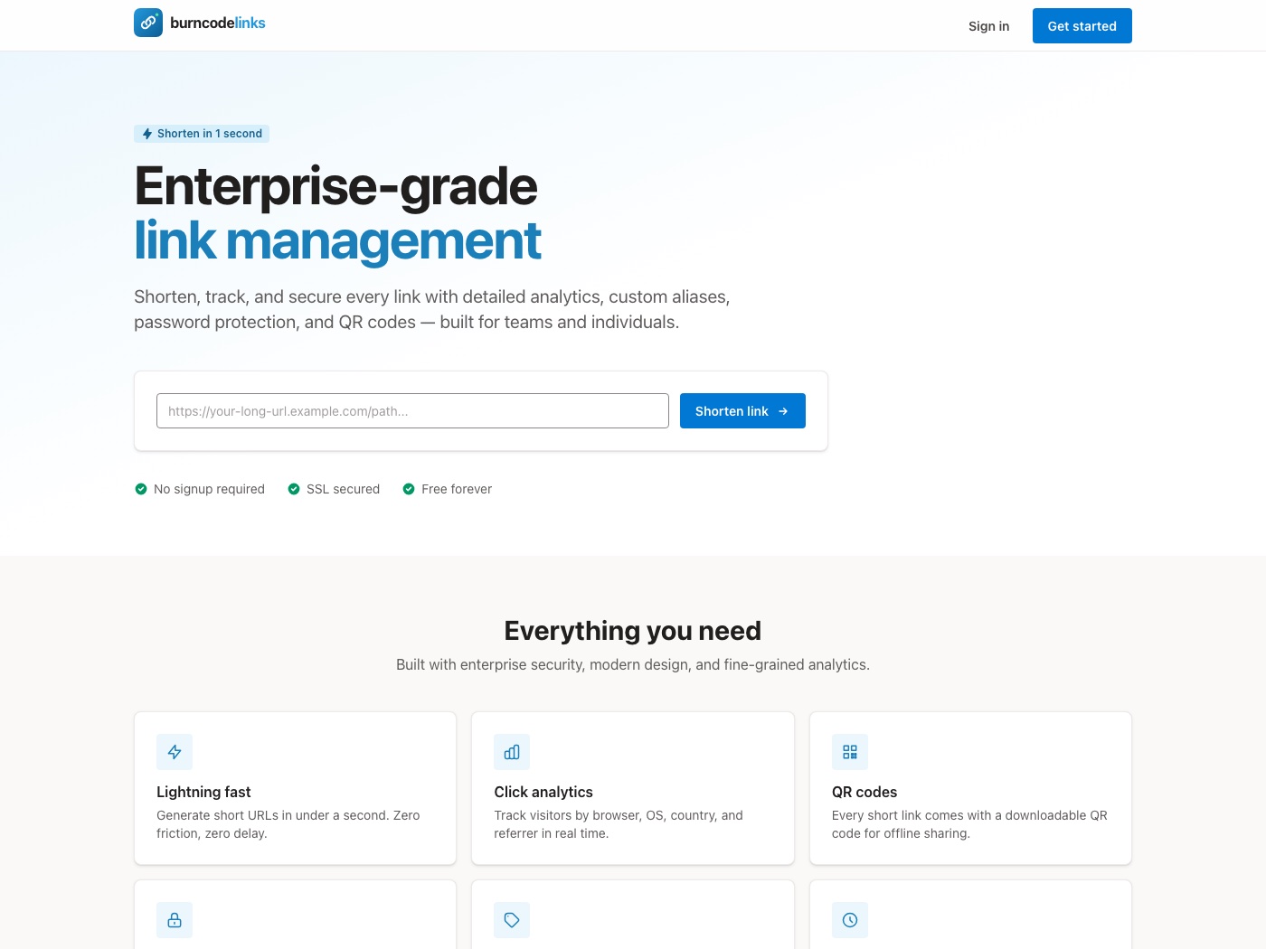 Burncode Links — homepage screenshot